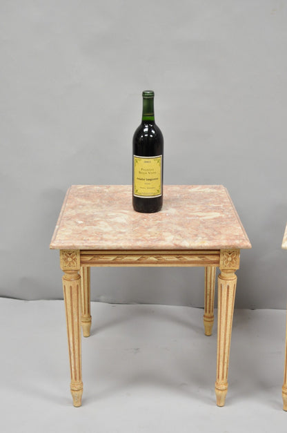 Vintage French Louis XVI Style Pink Marble Top Low Drinks Side Tables - a Pair