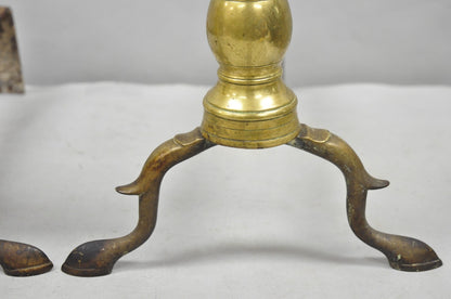 Antique English Colonial Brass Cannonball Branch Leg Andirons w/ Patina - a Pair