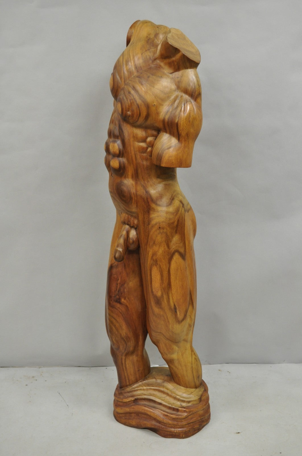 Vintage Mid Century Modern 60" Life-Size Nude Male Carved Wood Statue Sculpture