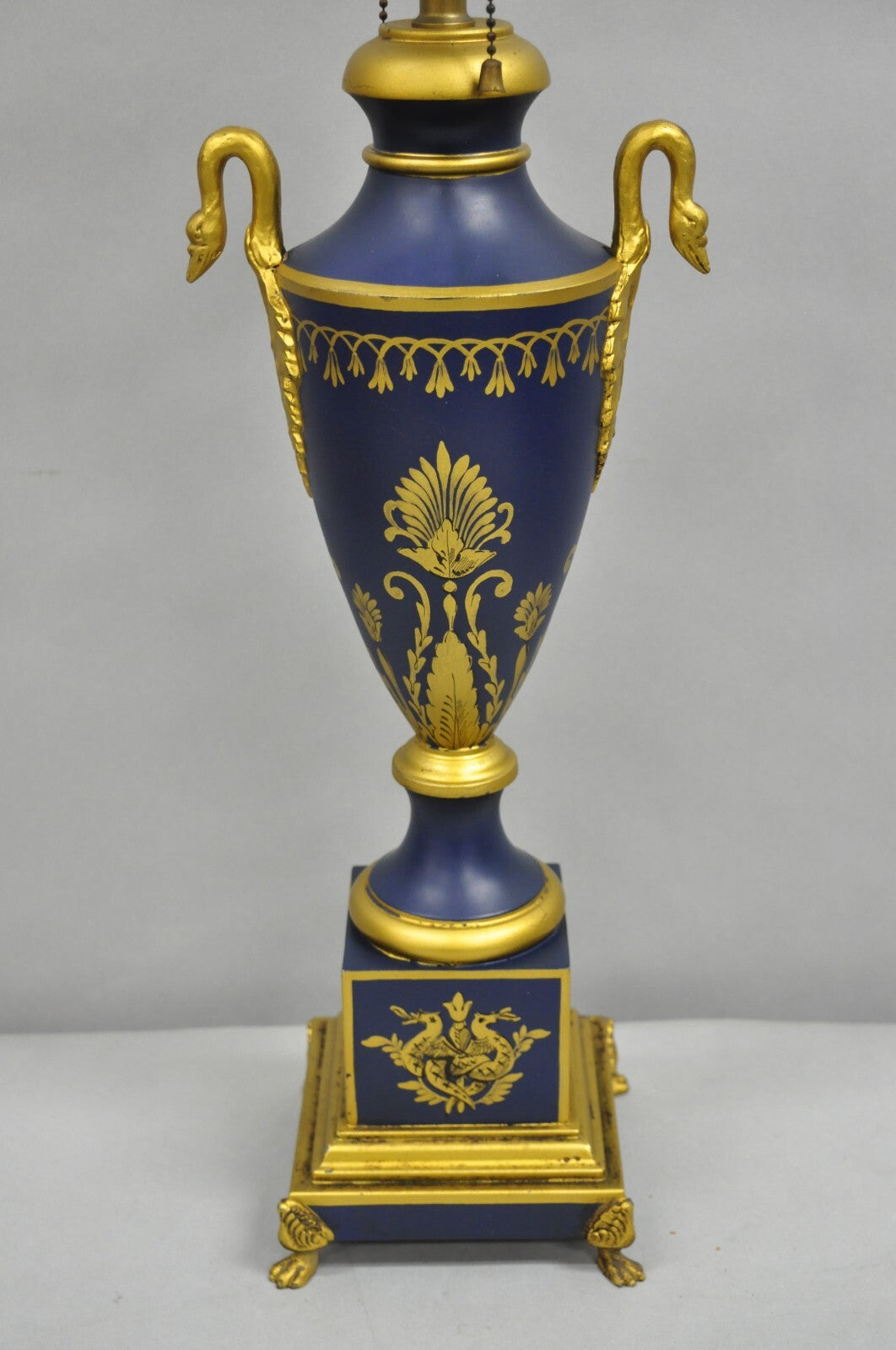 Vintage French Empire Blue Tole Metal Gold Swan Painted Urn Form Table Lamp