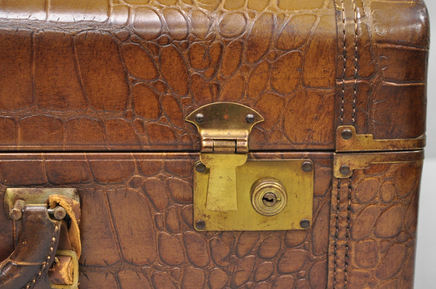 Vintage Art Deco Brown Leather Faux Crocodile Hard Case Suitcase Luggage