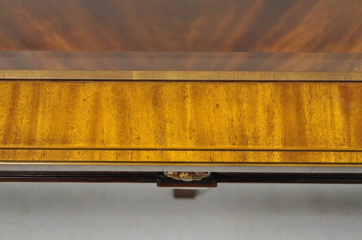 Maitland Smith Empire Style Large Banded Inlay Mahogany Glass Top Coffee Table