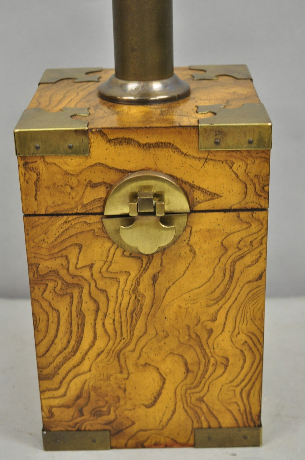 Vintage Campaign Style Burl Wood & Brass Faux Tea Box Table Lamp by Knob Creek