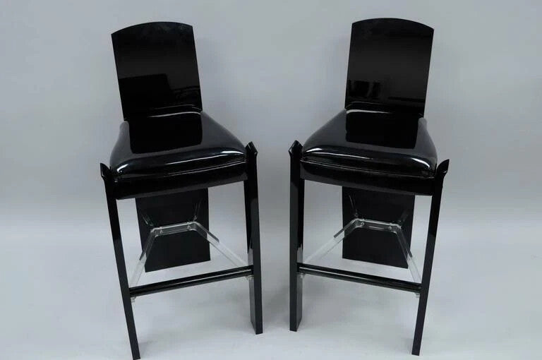 Vintage Mid Century Modern Black Lucite Sculptural Bar Stool Chair by Hill, Pair