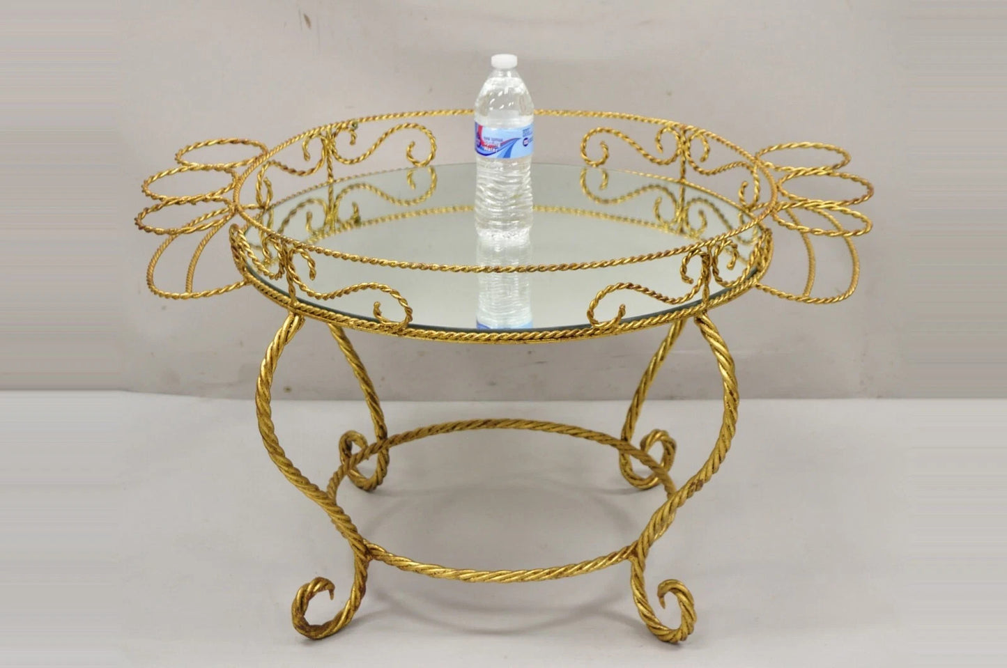 Vintage Italian Hollywood Regency Iron Gold Rope Round Mirror Top Coffee Table