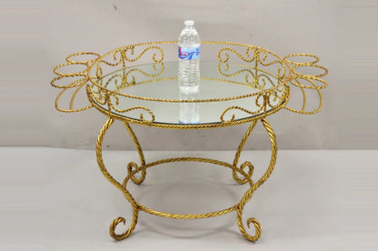 Vintage Italian Hollywood Regency Iron Gold Rope Round Mirror Top Coffee Table