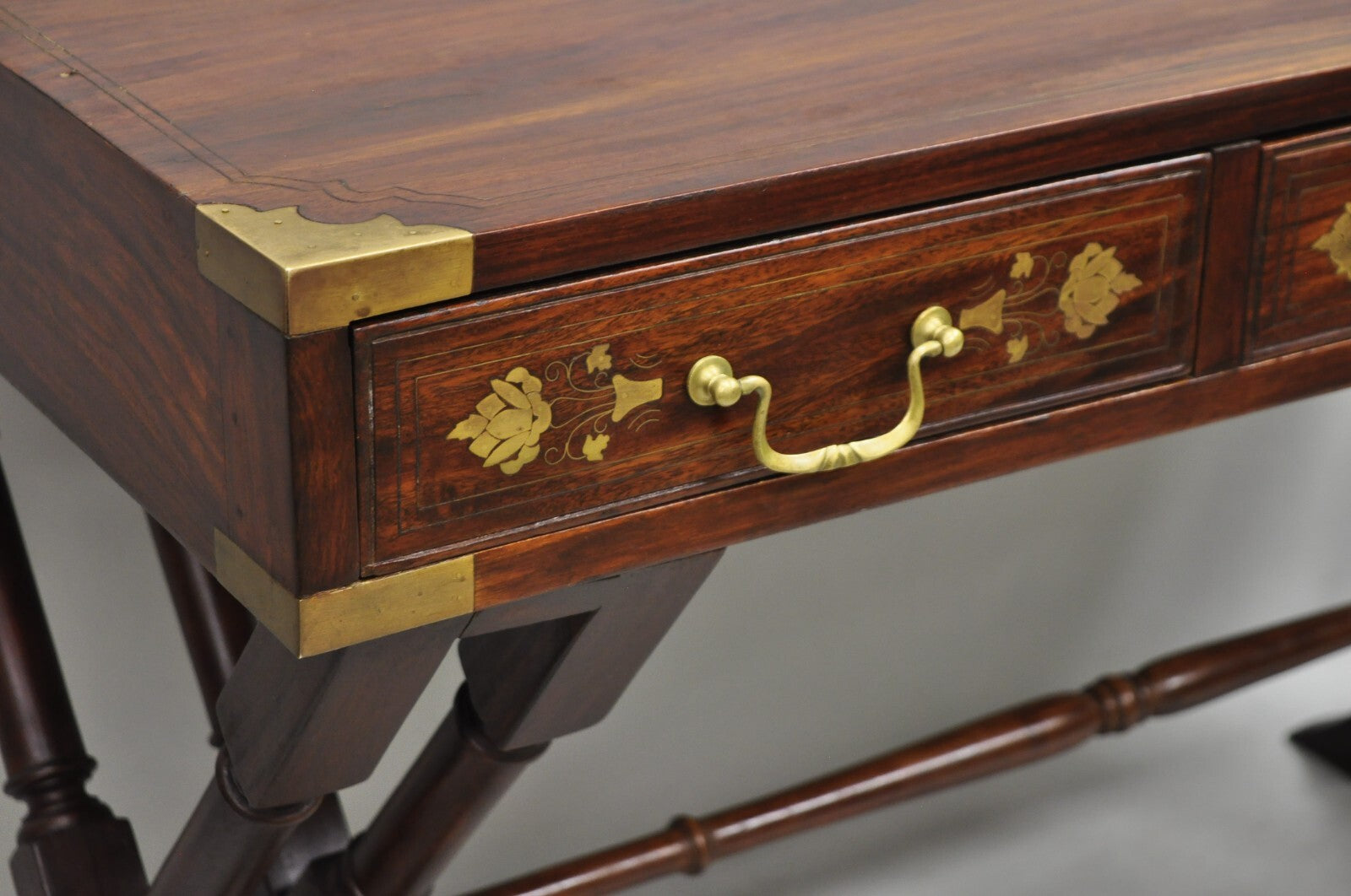 Vintage Anglo Indian Campaign Style Hardwood Curule Writing Desk w/ Brass Inlay