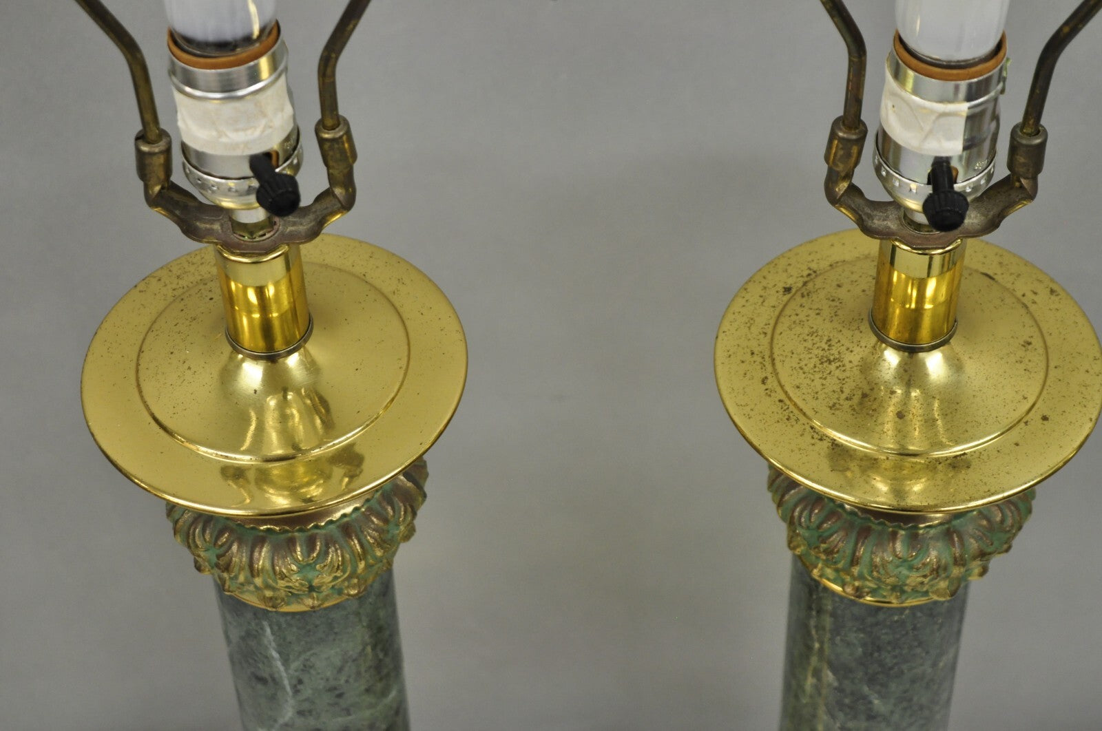 Vintage Hollywood Regency Brass Empire Green Column Gold Table Lamps - a Pair