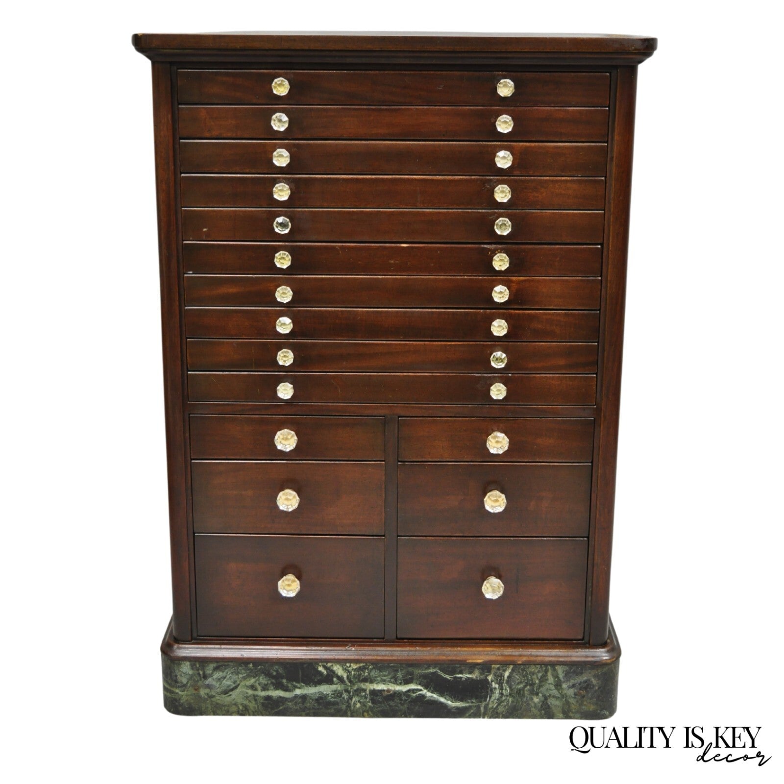Antique Arts & Crafts Mahogany 15 Drawer Medical Dental Cabinet w/ Marble Base