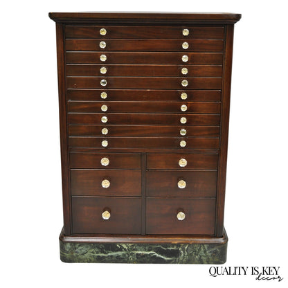 Antique Arts & Crafts Mahogany 15 Drawer Medical Dental Cabinet w/ Marble Base