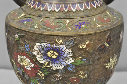 Antique Japanese Champleve Cloisonne Enamel Bronze Twin Handle 14" Vessel Vase