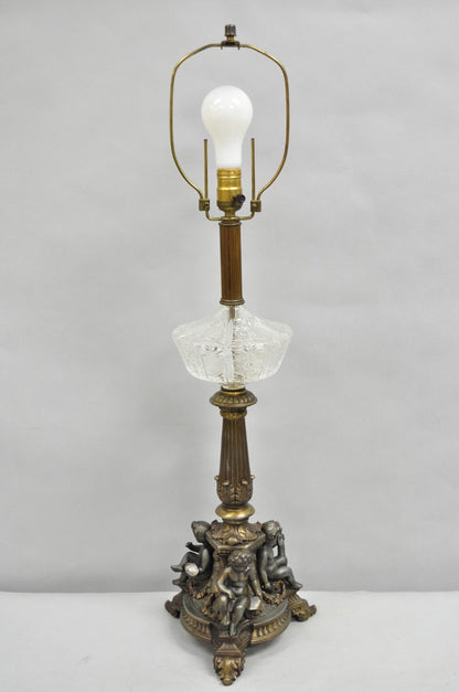 Antique French Empire Renaissance Gilt Metal  & Glass Cherub Table Lamps a Pair