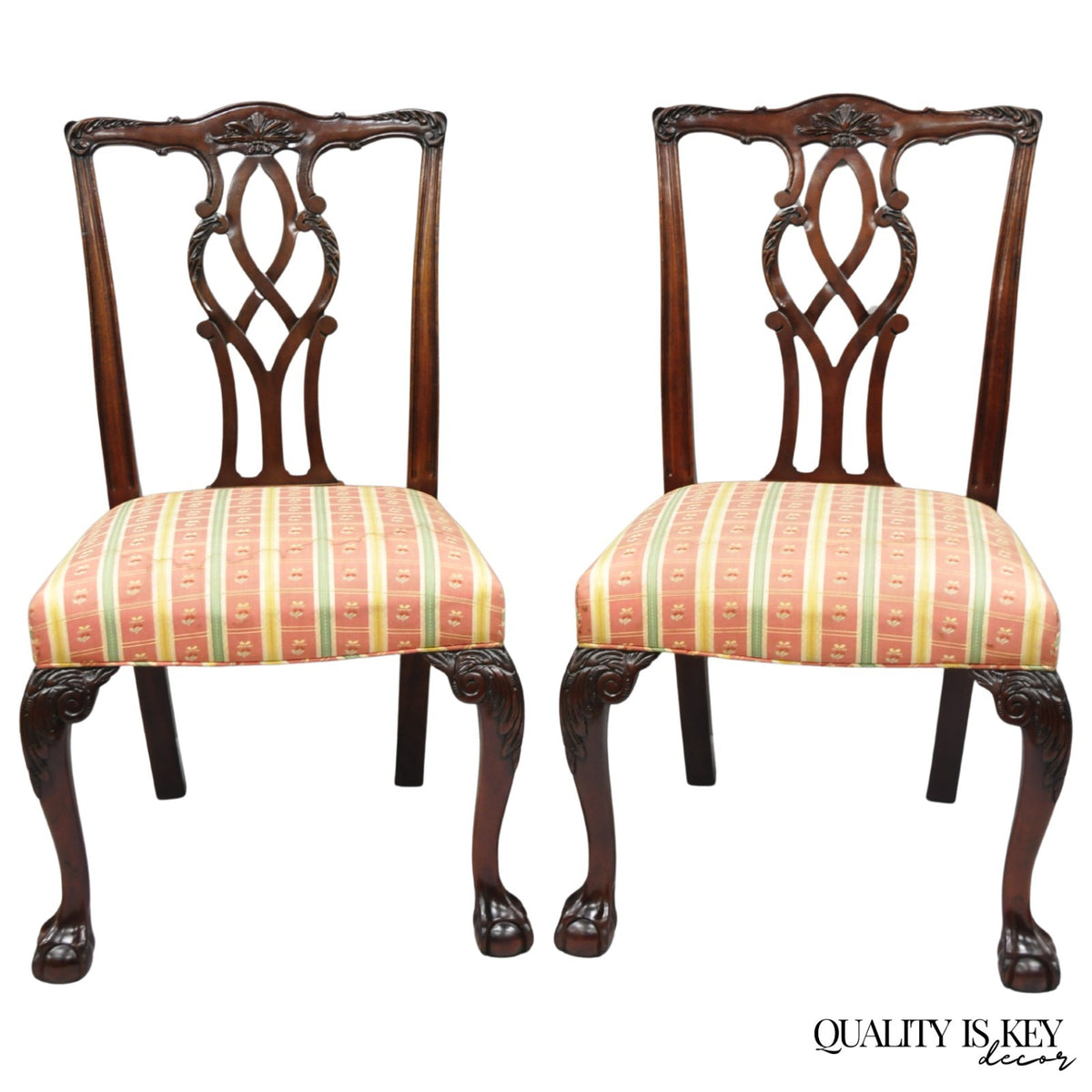 Vintage Chippendale Mahogany Ball and Claw Dining Side Chairs attr. Kindel, Pair