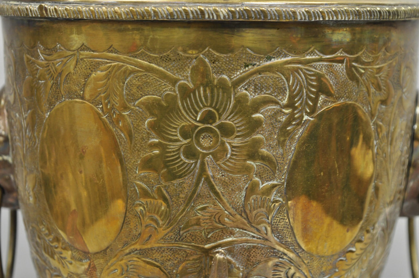 Antique Italian Renaissance Brass Floral Repousse Lions Samovar Drink Dispenser
