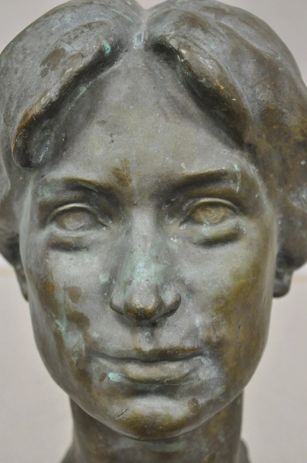 Vintage Patinated Cast Bronze Bust Statue Sculpture of Woman with Pinned Hair