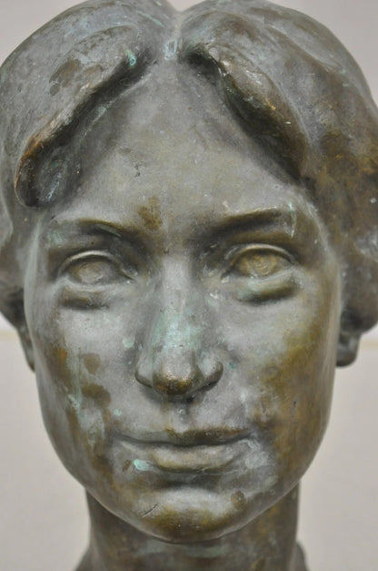 Vintage Patinated Cast Bronze Bust Statue Sculpture of Woman with Pinned Hair