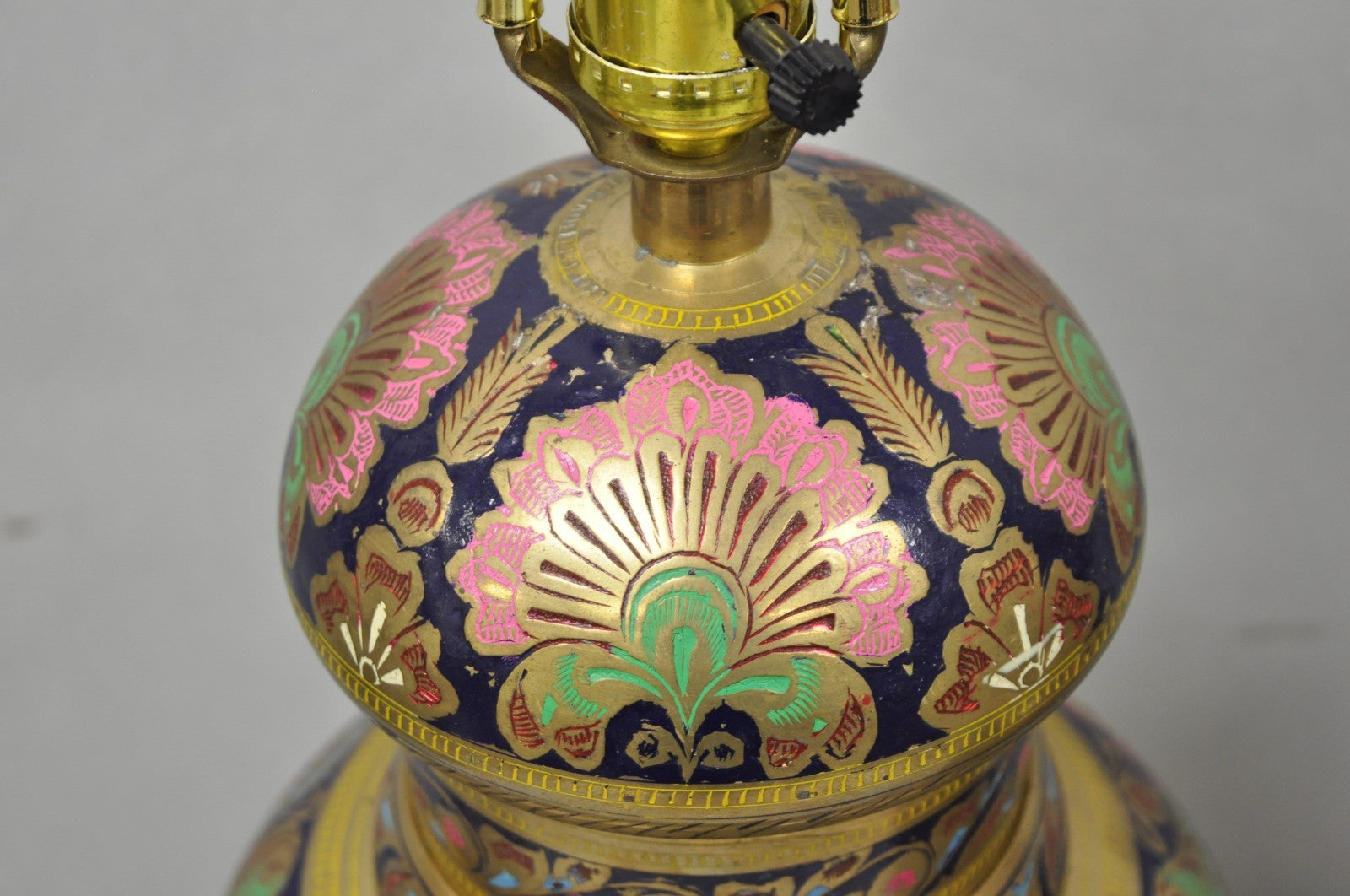 Vintage Brass & Cloisonné Enamel Pink & Blue Jardiniere Urn Table Lamps - Pair