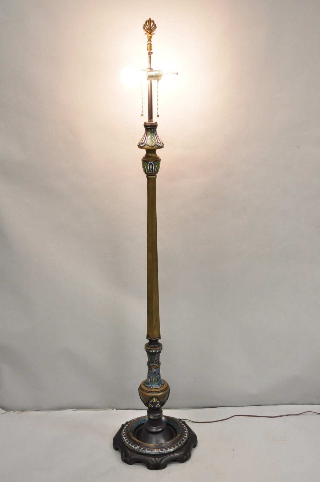 Antique Cloisonne Chinese Patinated Bronze Porcelain Enamel Pole Floor Lamp