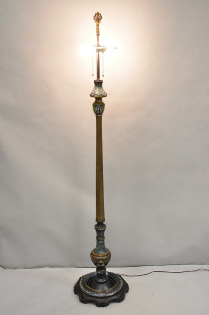Antique Cloisonne Chinese Patinated Bronze Porcelain Enamel Pole Floor Lamp