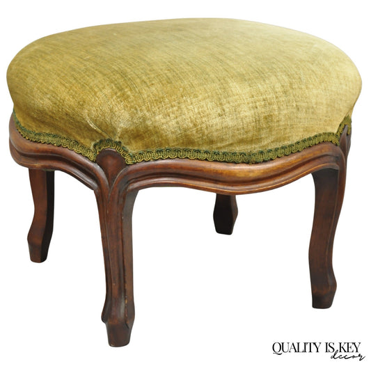 Antique Victorian Carved Mahogany Green Mohair Fabric Round Footstool Ottoman