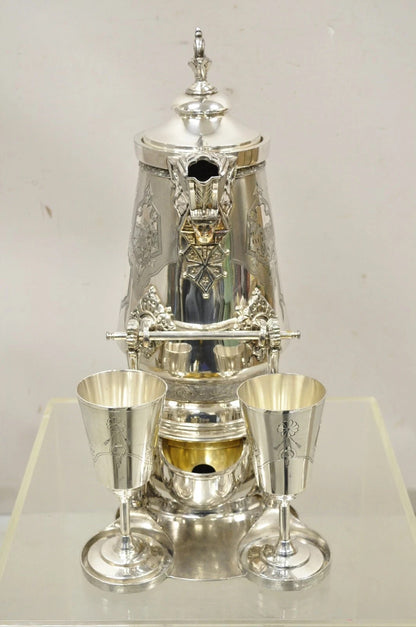 Victorian Racine Silver Plated Tilting Lemonade Water Pitcher on Stand w Goblets