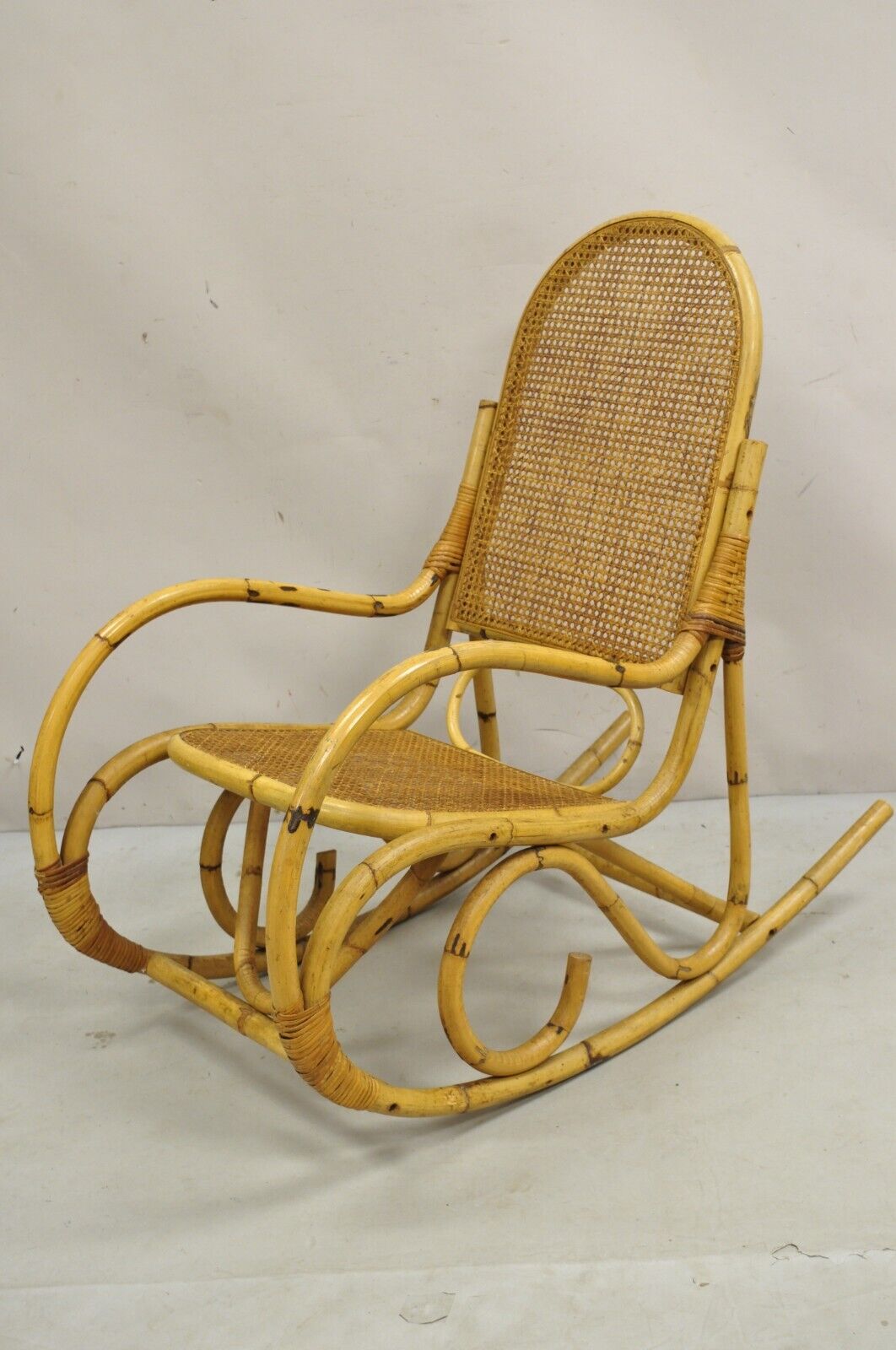 Vintage Mid Century Modern Bentwood Bamboo Rattan Cane Rocking Chair Rocker