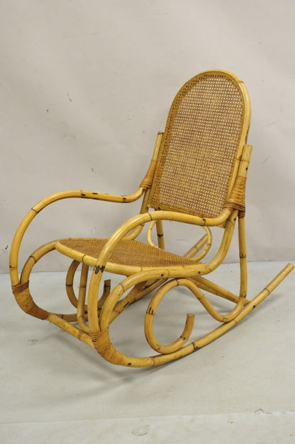 Vintage Mid Century Modern Bentwood Bamboo Rattan Cane Rocking Chair Rocker