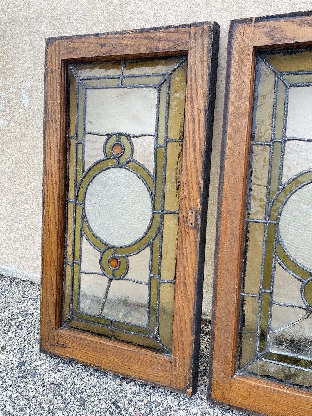 Antique Victorian Green Stained Glass Window Orange Jewel in Wood Frame Set of 3