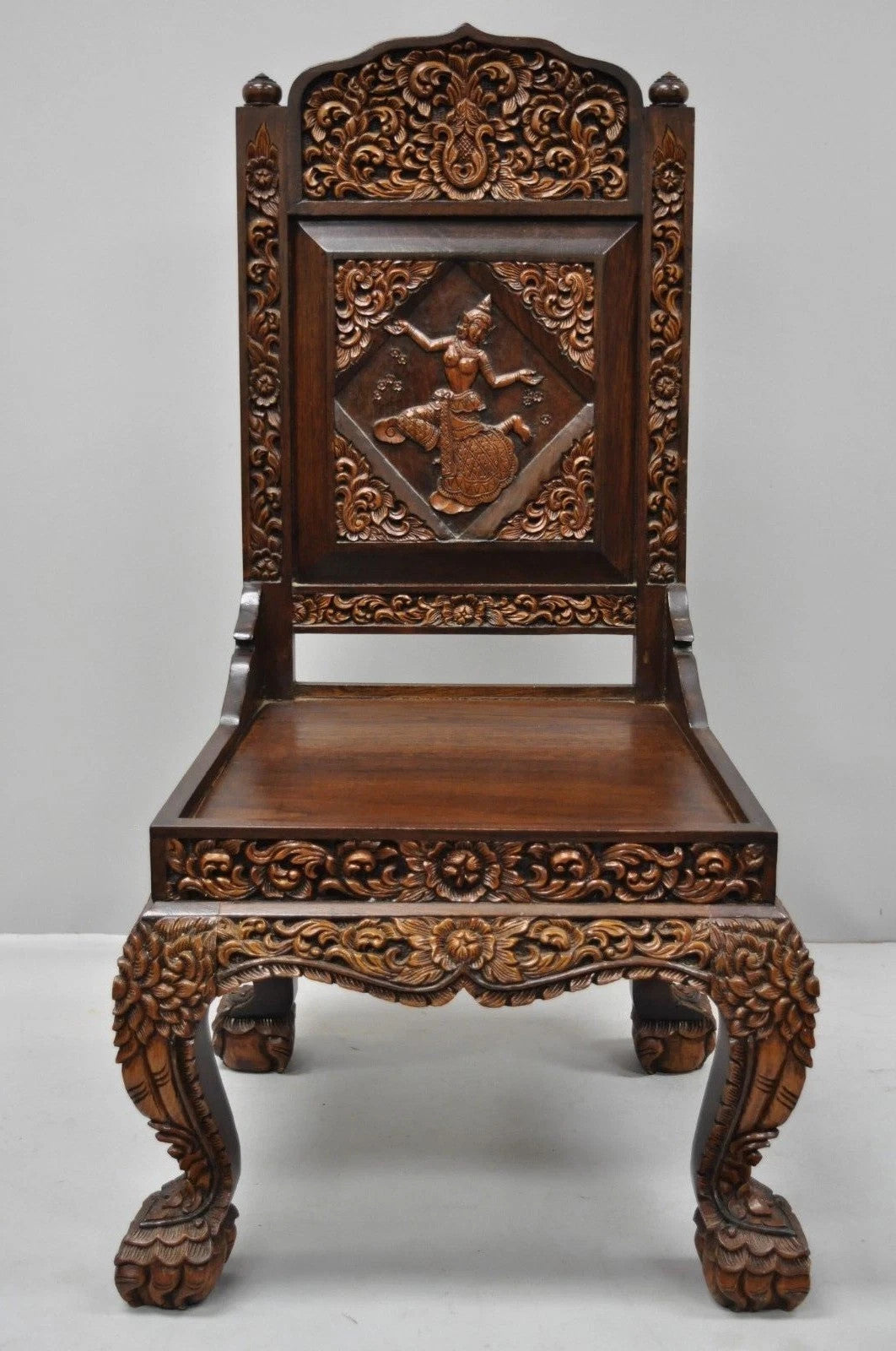 Vintage Chinoiserie Thai Oriental Carved Teak Wood Dining Side Chairs - a Pair