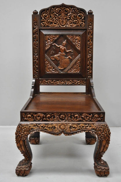 Vintage Chinoiserie Thai Oriental Carved Teak Wood Dining Side Chairs - a Pair