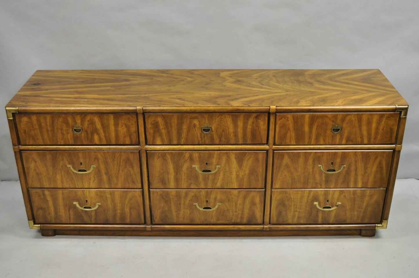 Vintage Drexel Accolade Campaign Style Pecan 9 Drawer Credenza Dresser Chest