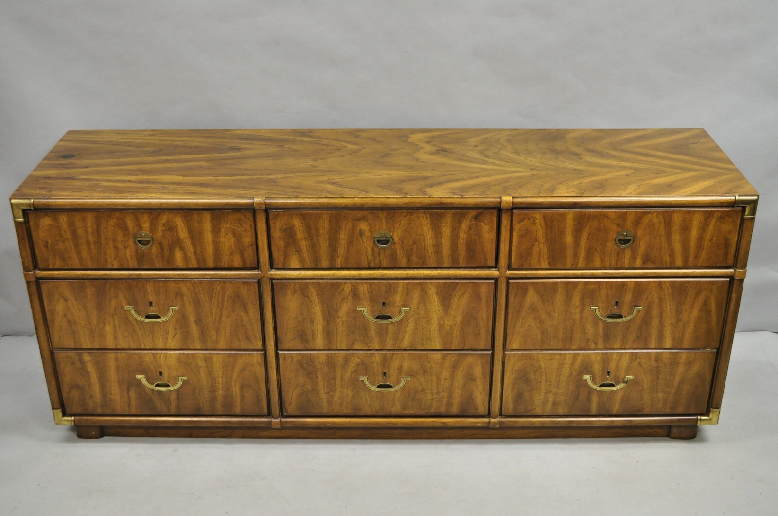 Vintage Drexel Accolade Campaign Style Pecan 9 Drawer Credenza Dresser Chest