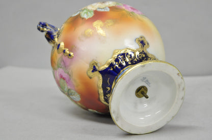 Antique Nippon Hand Painted Floral Design Cobalt Blue Porcelain Bolted Urn Vase