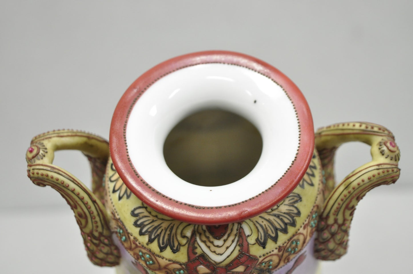 Antique Nippon Hand Painted Porcelain Countryside Moriage Tall Twin Handle Vase