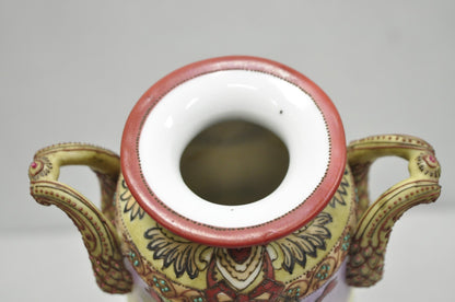 Antique Nippon Hand Painted Porcelain Countryside Moriage Tall Twin Handle Vase