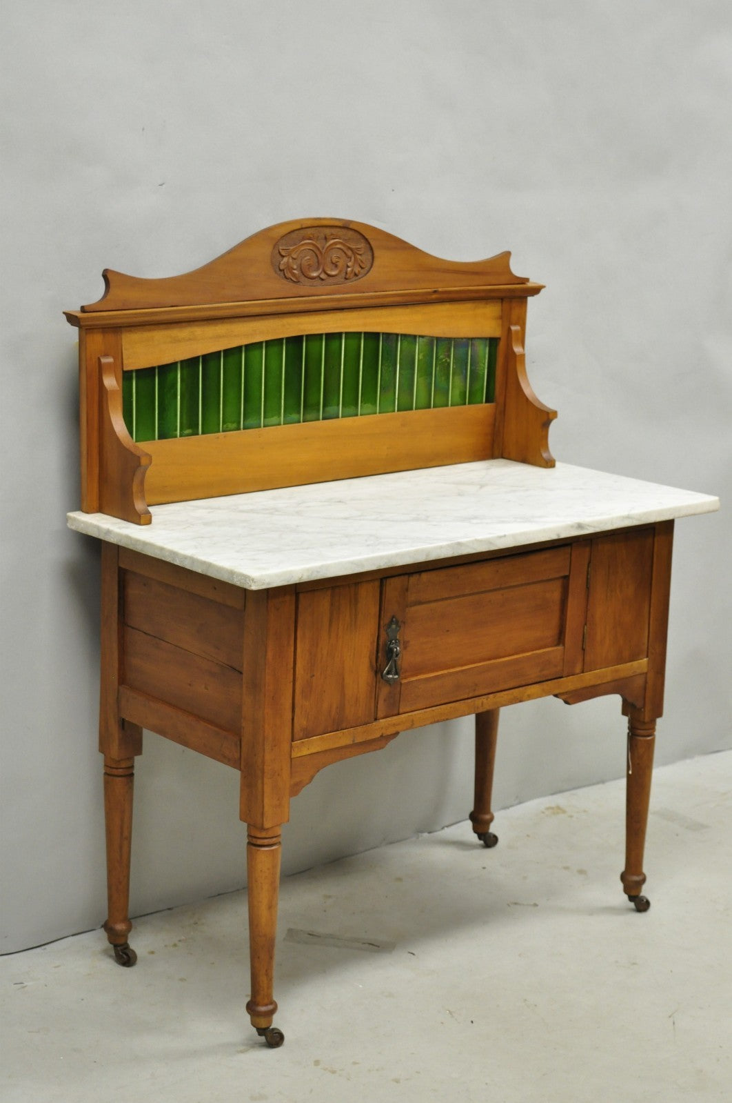 Antique English Arts & Crafts Birch Wood Green Tile Backsplash Washstand Server