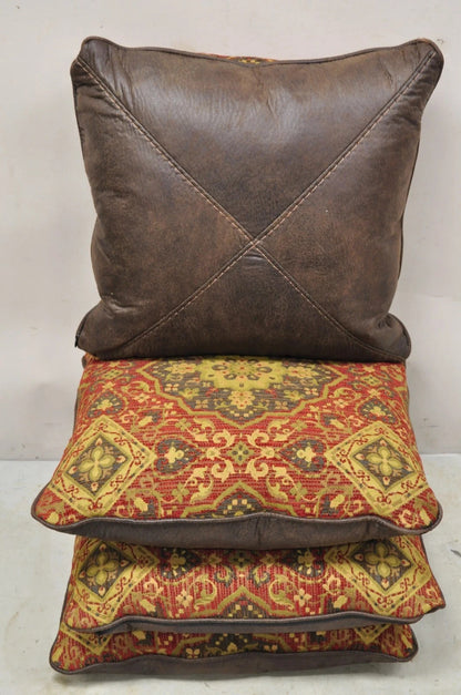 (4) Contemporary Mediterranean Red and Brown Tapestry Faux Leather Throw Pillows