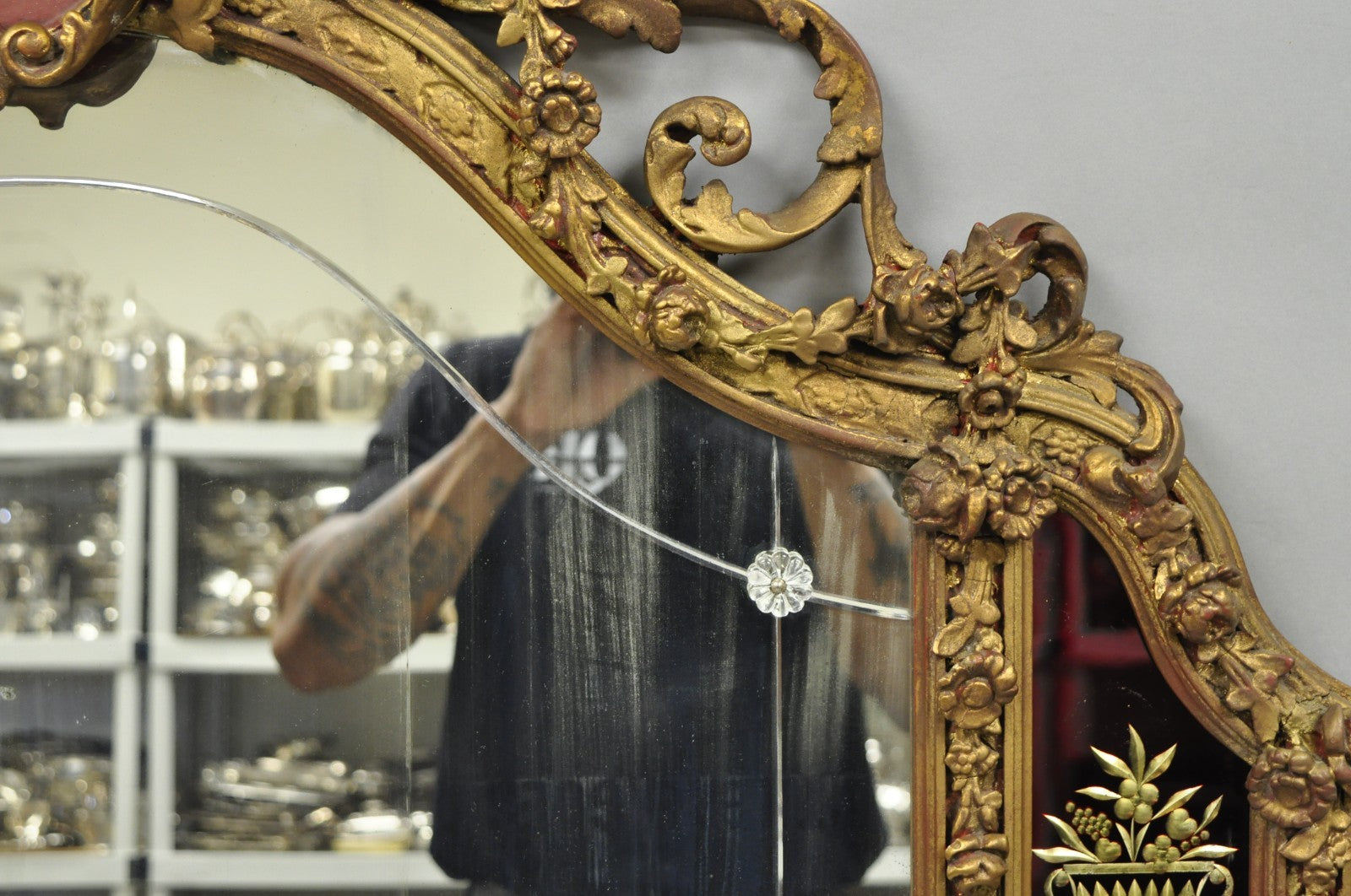 Antique French Neoclassical Baroque Gold Gilt Gesso Red Glass Frame Wall Mirror