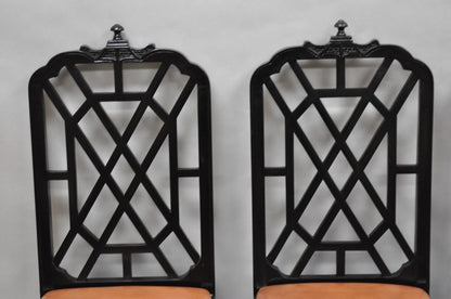 Vintage Chinese Chippendale Pagoda Fretwork Black Lacquer Dining Chair, Set of 4