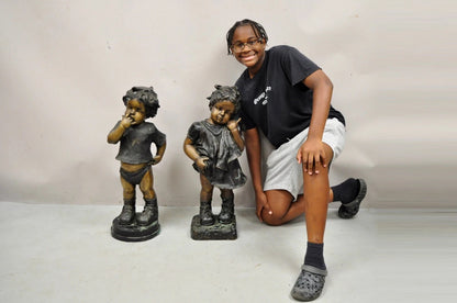 Victorian Style Cast Bronze 29" Little Boy and Girl Statue Figure - a Pair