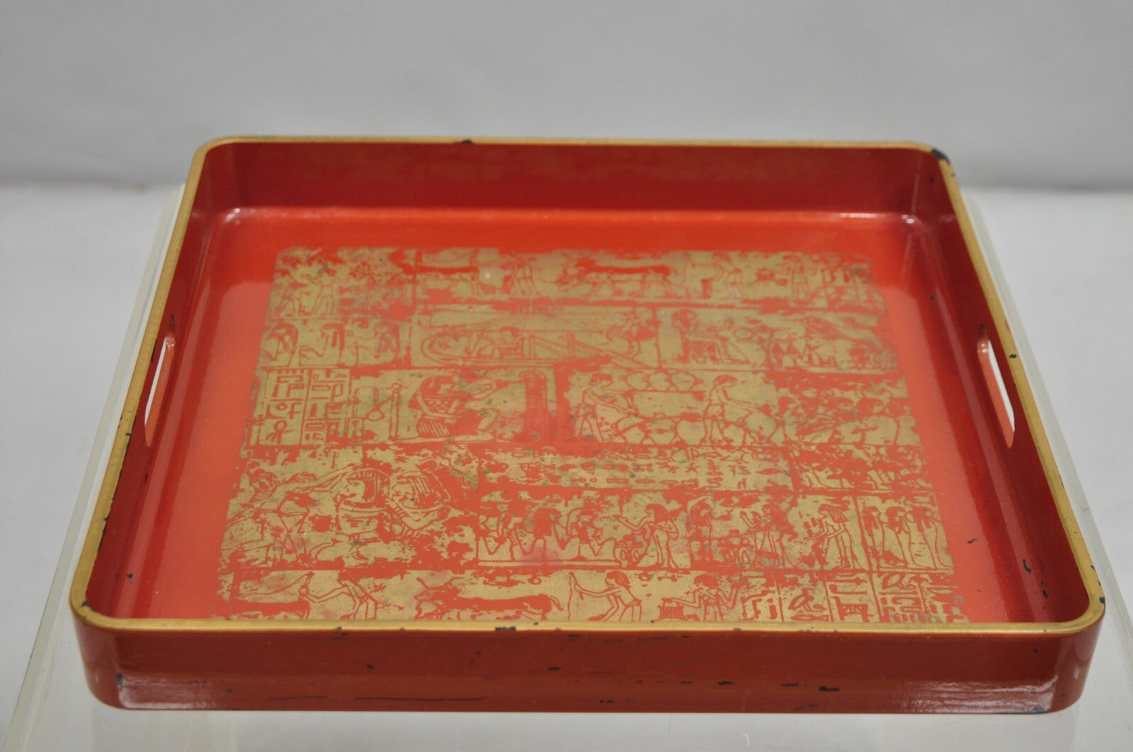 Red Lacquered Wood Ancient Egyptian Hieroglyphic Gold Papyrus Square Bar Tray