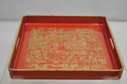 Red Lacquered Wood Ancient Egyptian Hieroglyphic Gold Papyrus Square Bar Tray