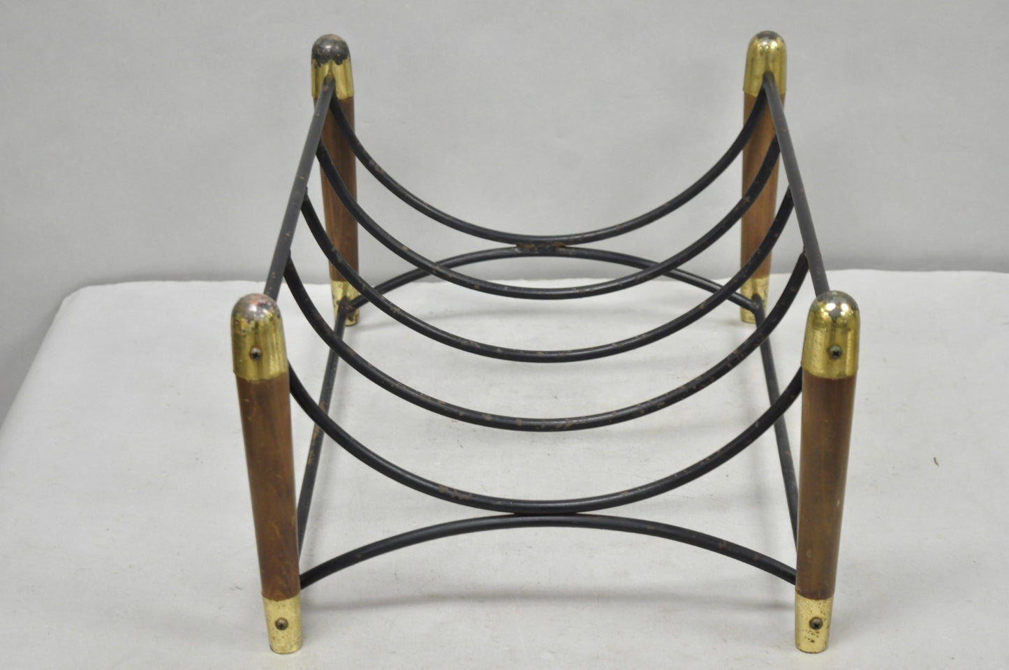 Mid Century Modern Wood & Wrought Iron Magazine Rack Fireplace Log Holder