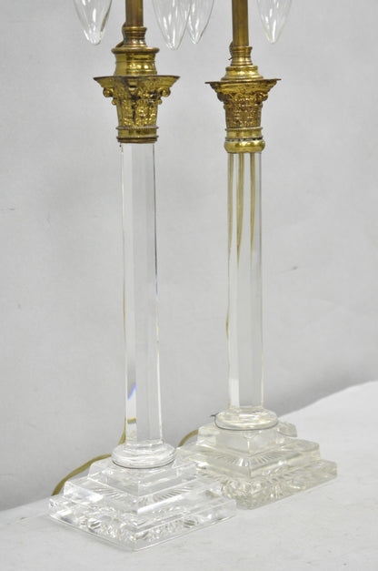 Antique Brass Corinthian Column Crystal Glass Candlestick Small Table Lamps Pair