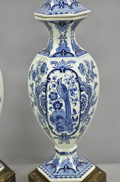 Vintage Chinoiserie Blue & White Porcelain Urn Bird Painted Table Lamps - a Pair