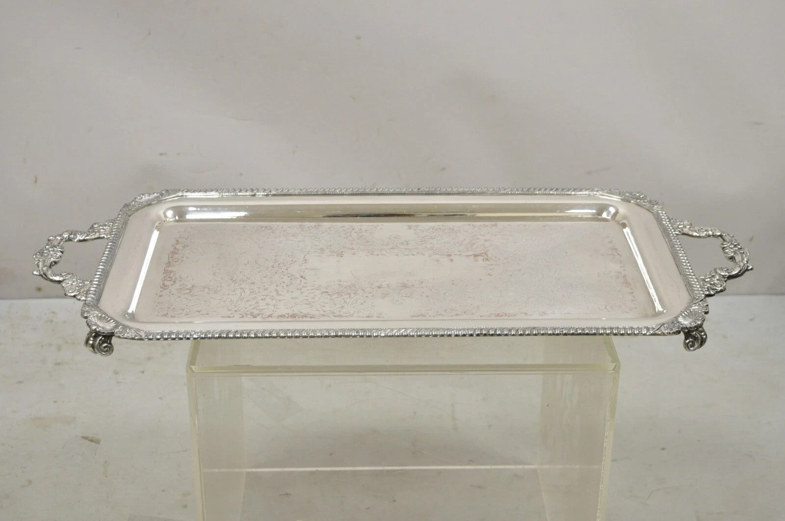 Vintage English Victorian Silver Plated Twin Handle Serving Platter Bar Tray