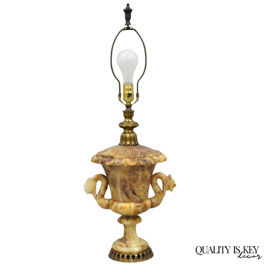 Vintage Italian Neoclassical Style Carved Alabaster Trophy Cup Urn Table Lamp