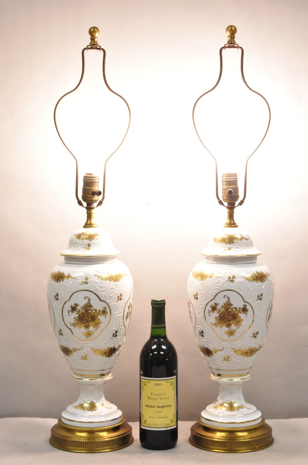 Vintage French Louis XV White Porcelain Ginger Jar Gold Flower Table Lamps Pair