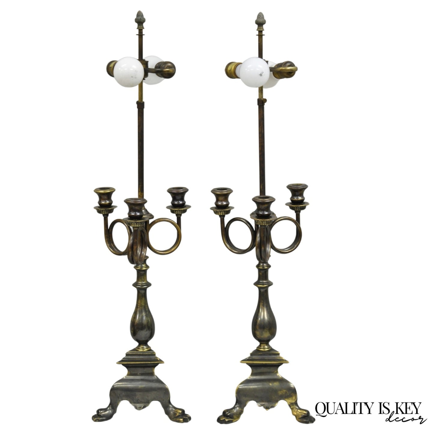 Frederick Cooper French Empire Brass Patina Trumpet Candelabra Table Lamp Pair