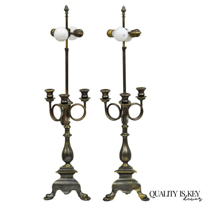Frederick Cooper French Empire Brass Patina Trumpet Candelabra Table Lamp Pair